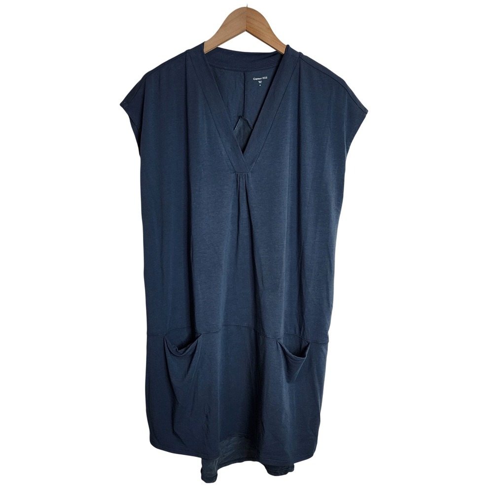 Garnet Hill Dress Women M Blue Silk Back Mixed Media V-Neck Pocket Tunic
